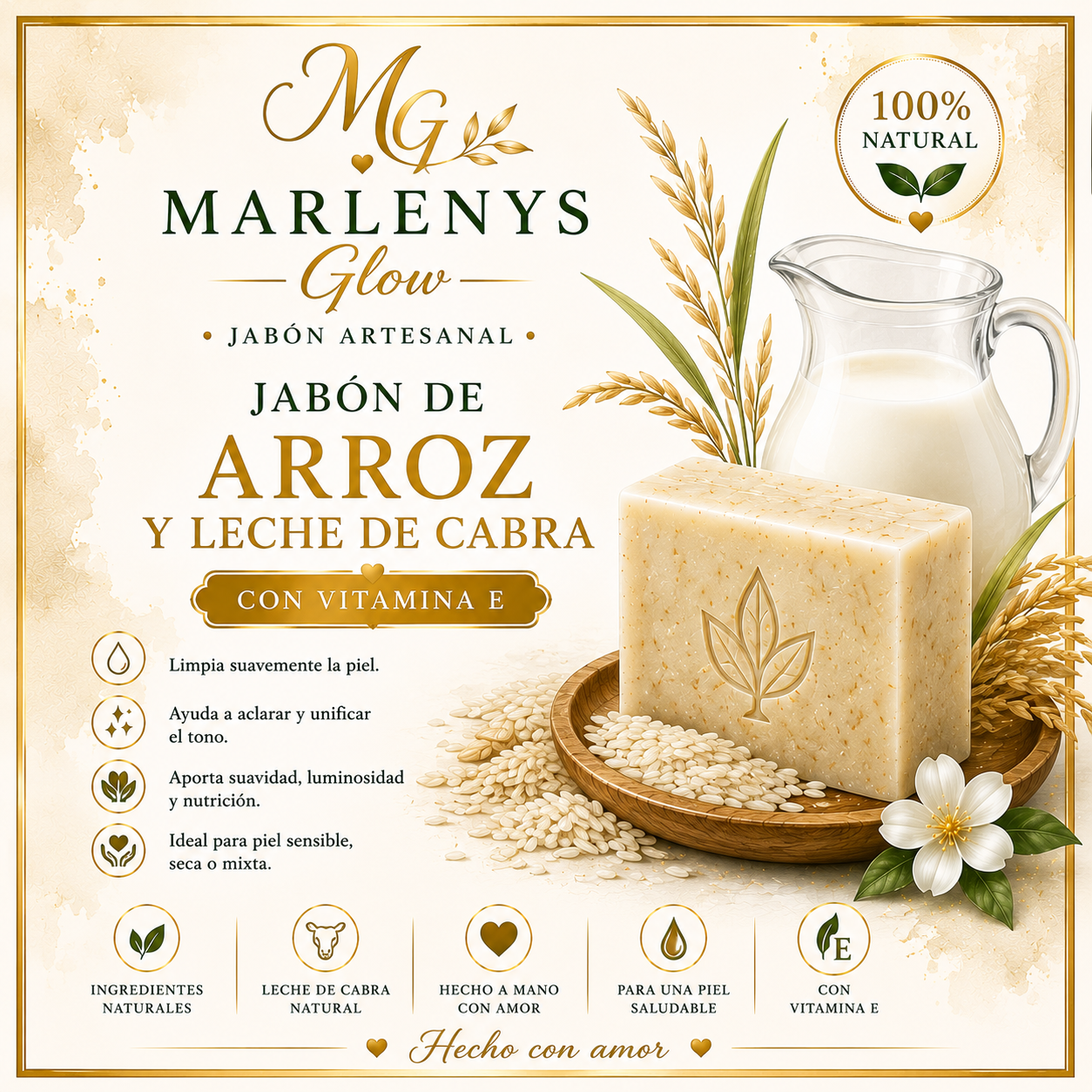 Marlenys Glow | Jabón Artesanal de Arroz y Leche de Cabra con Vitamina E