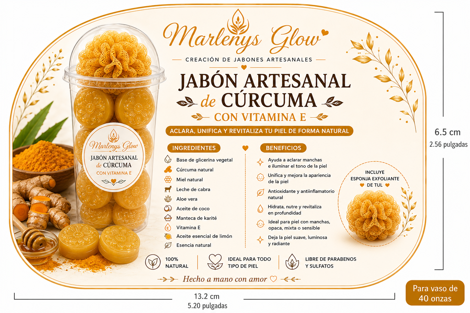 Marlenys Glow | Jabón Artesanal de Cúrcuma con Ácido Kójico, Niacinamida y Vitamina E
