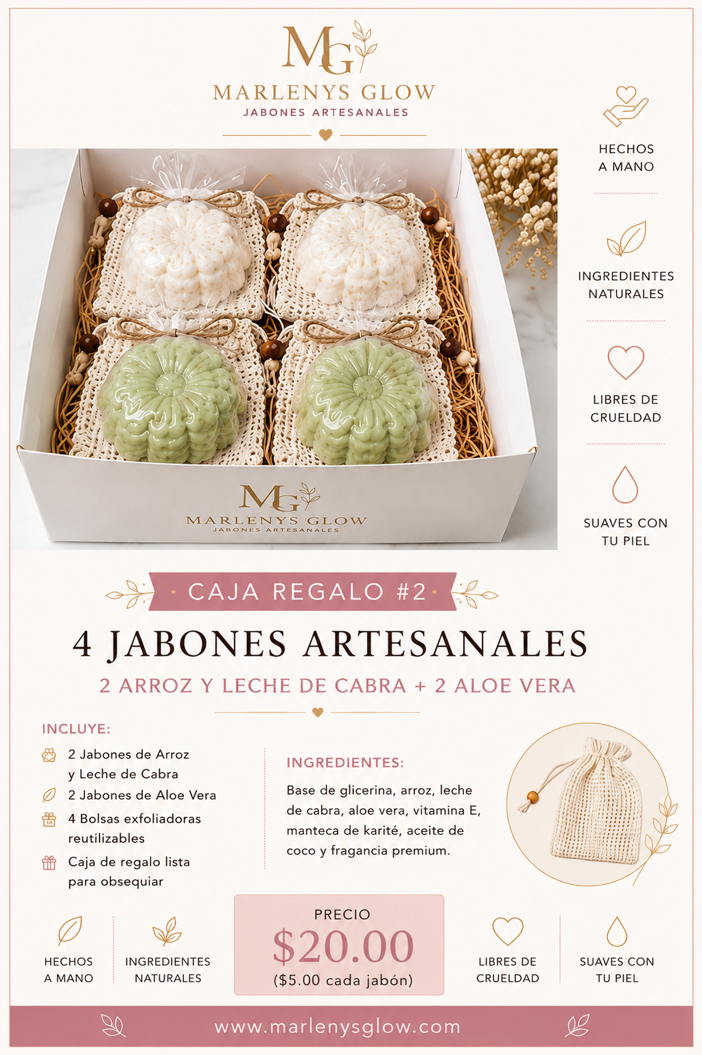 Caja Regalo #2 – 4 Jabones Artesanales (Arroz y Leche de Cabra + Aloe Vera)
