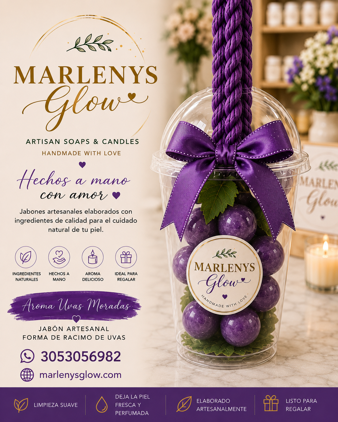 Marlenys Glow Soap Gift Cup – Jabón Aroma Manzana /mandarina /uvas / lavanda / miel (Forma de Racimo de Uvas)