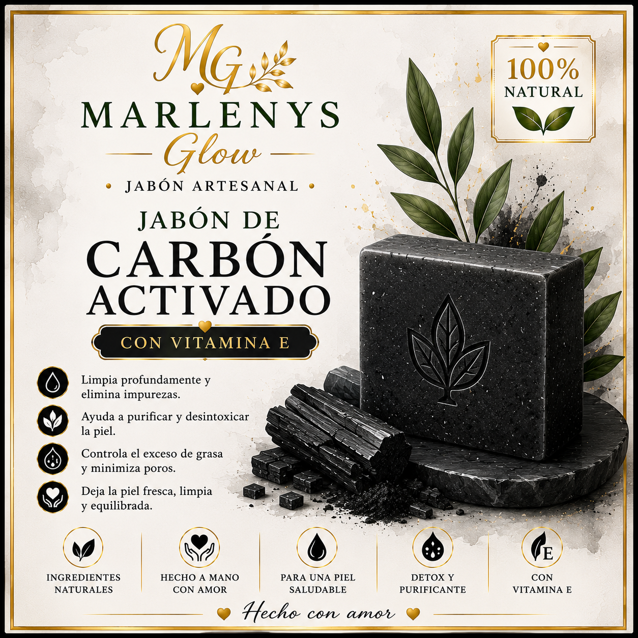 Marlenys Glow | Jabón Artesanal de Carbón Activado con Vitamina E